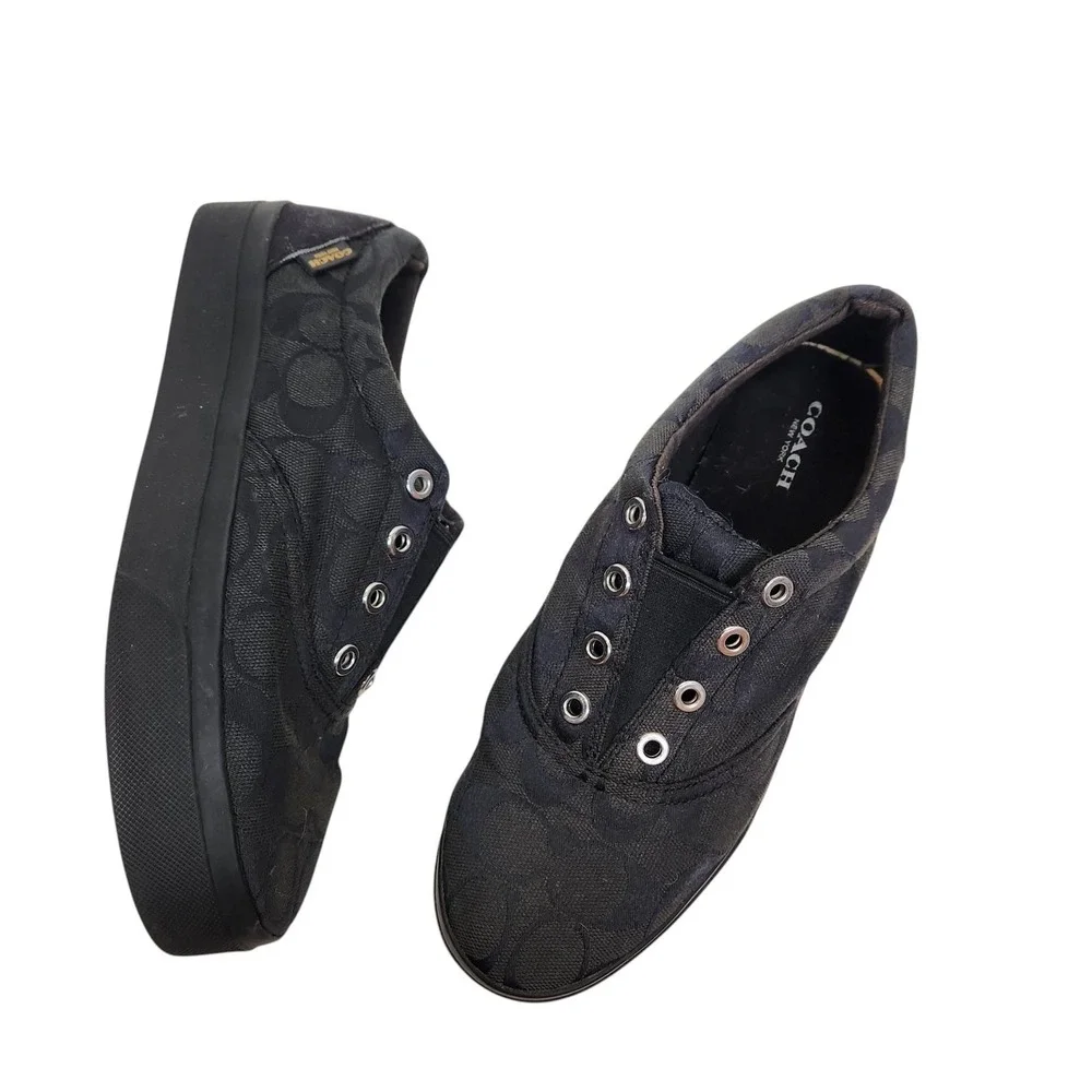 COACH Margo Shoes Womens 8 Black Signature Canvas Slip On Sneakers Q3253/A4941